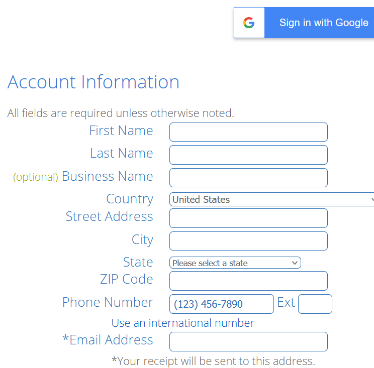 bluehost hosting account information page