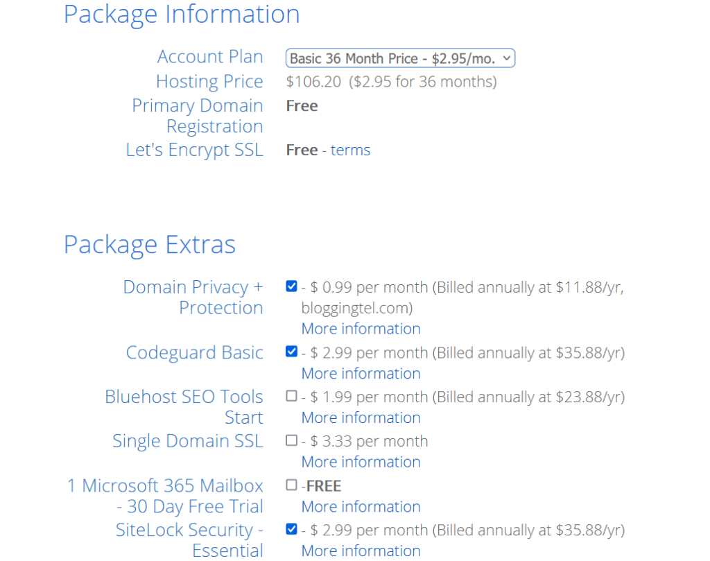 bluehost hosting pakage information page