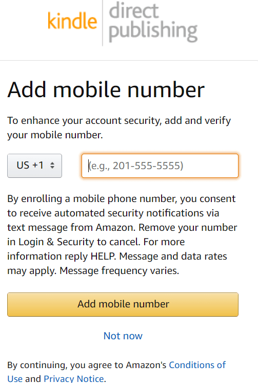 Add mobile number to kindle direct publishing for how to sell short stories on amazon