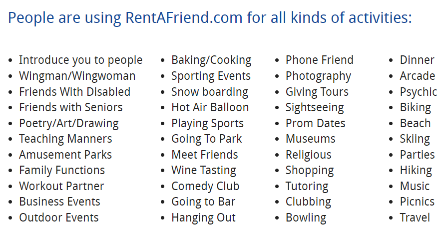 Rent A Friend Reviews and activities for a friend