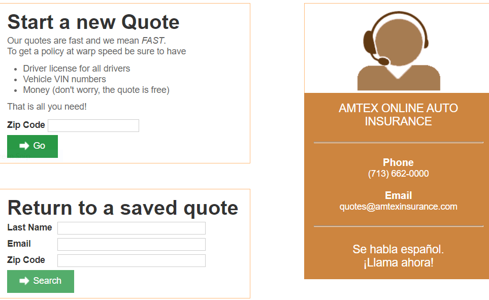 amtex auto insurance quote page