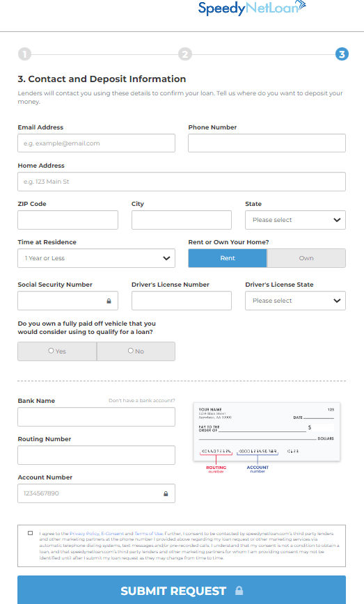 speedy net loan final page to submit loan request