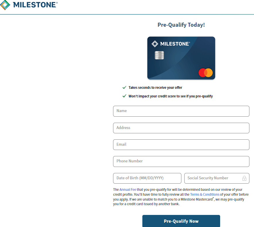 milestone credit card reviews-milestone credit card pre- qualify page