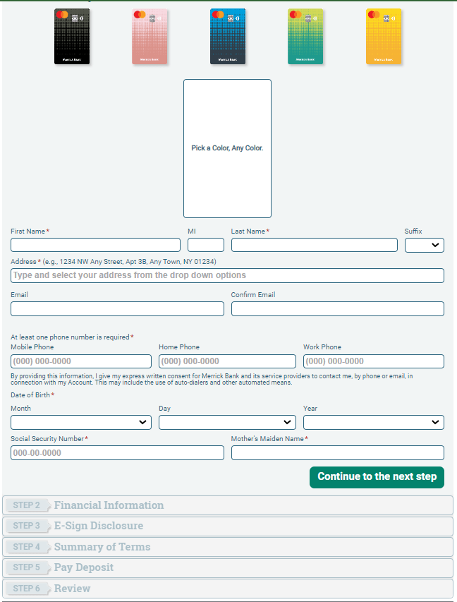 Merrick bank Double Your Line Secured Mastercard apply page