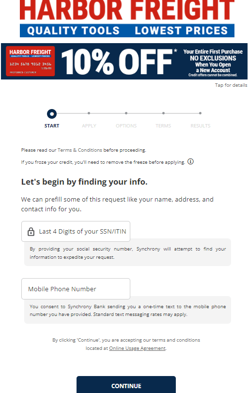 Harbor Freight Credit Card apply page