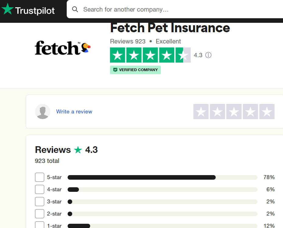 Fetch pet insurance reviews on Trustpilot