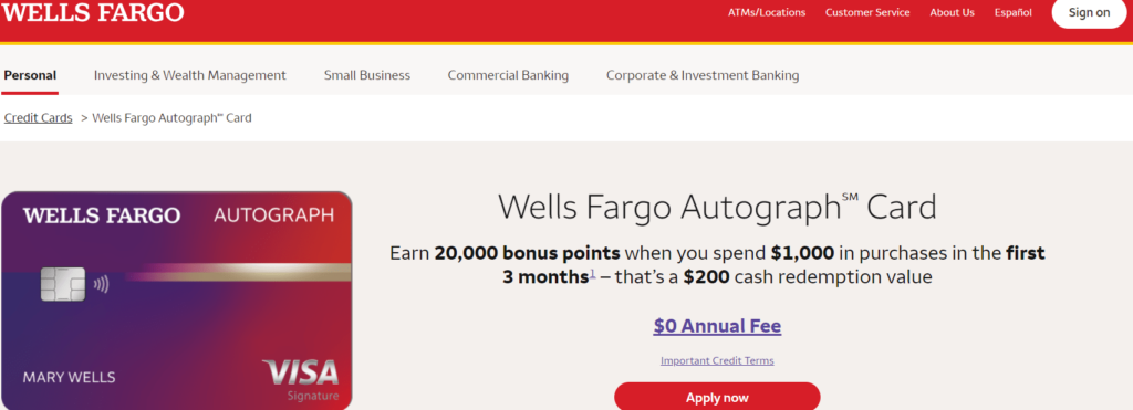 Apply page of Wells Fargo autograph visa card