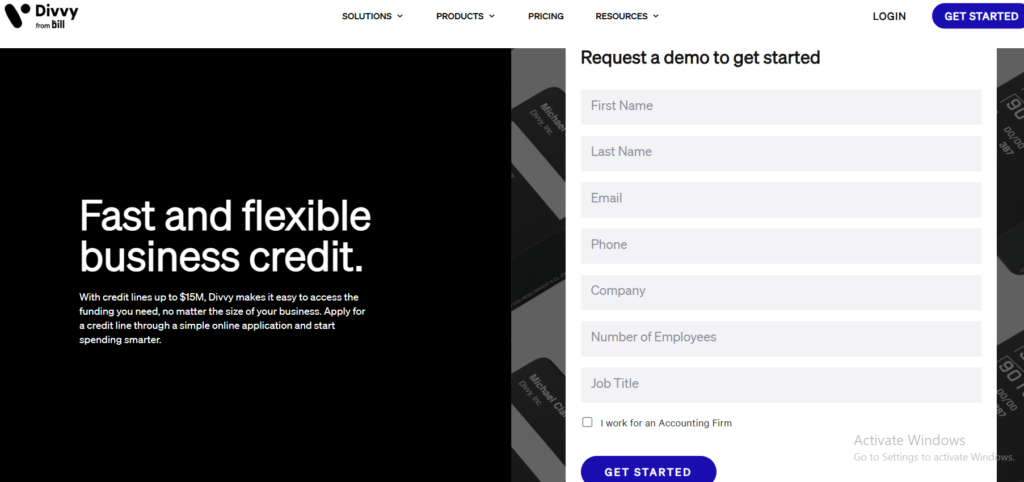 Divvy business credit card apply page